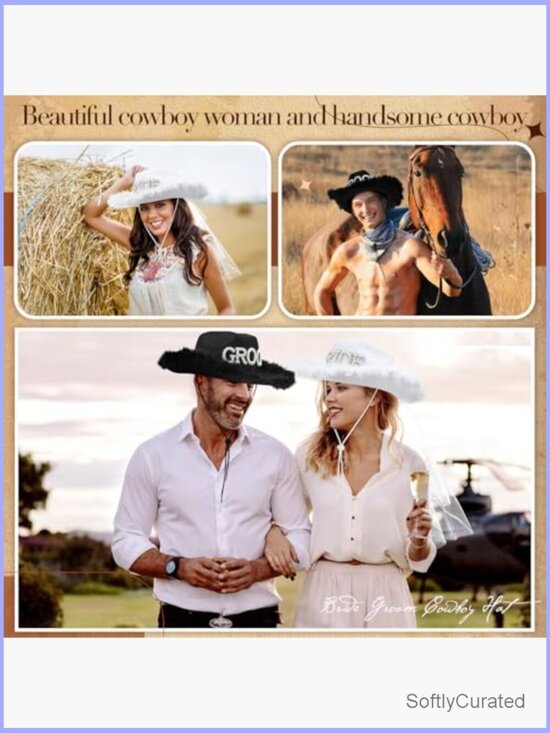 Bride Cowgirl Hat with Veil & Groom Cowboy Hat Wedding Shower Decor main image 4